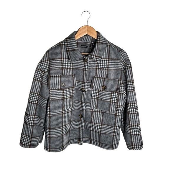 Black Tape Tweed Jacket Size Medium White Black Blue Brown Pockets Flannel - Picture 1 of 12